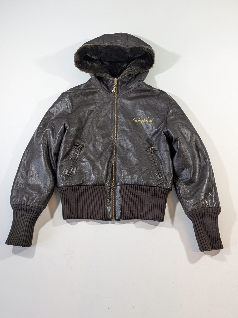 Vintage Baby Phat Y2K Reversible Leather Jacket Faux Fur Hooded Bomber Size Med